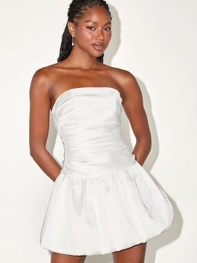 Lulu's Ivory Satin Drop Waist Bubble Hem Mini Dress